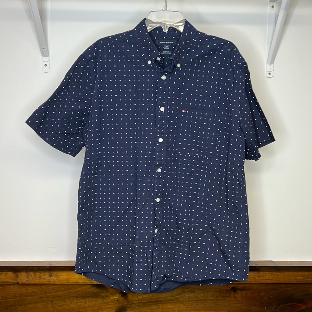 Tommy Hilfiger Navy Blue‎ Patterned Short Sleeve Button Down Shirt- L